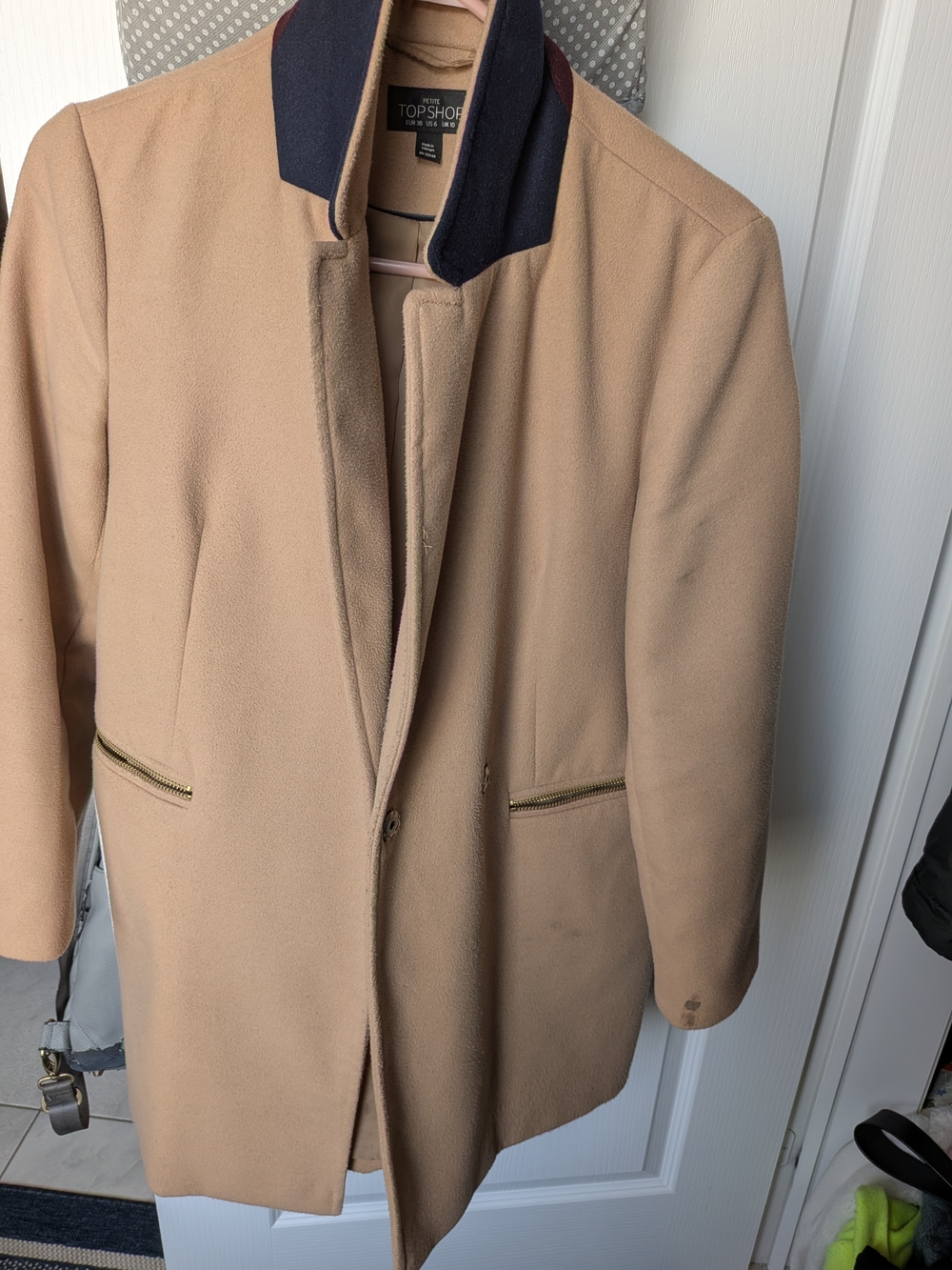 Topshop Camel Wool Coat with Navy Collar